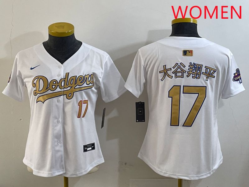 Women Los Angeles Dodgers #17 Ohtani White Champion gold character 2025 Nike MLB Jersey style 10